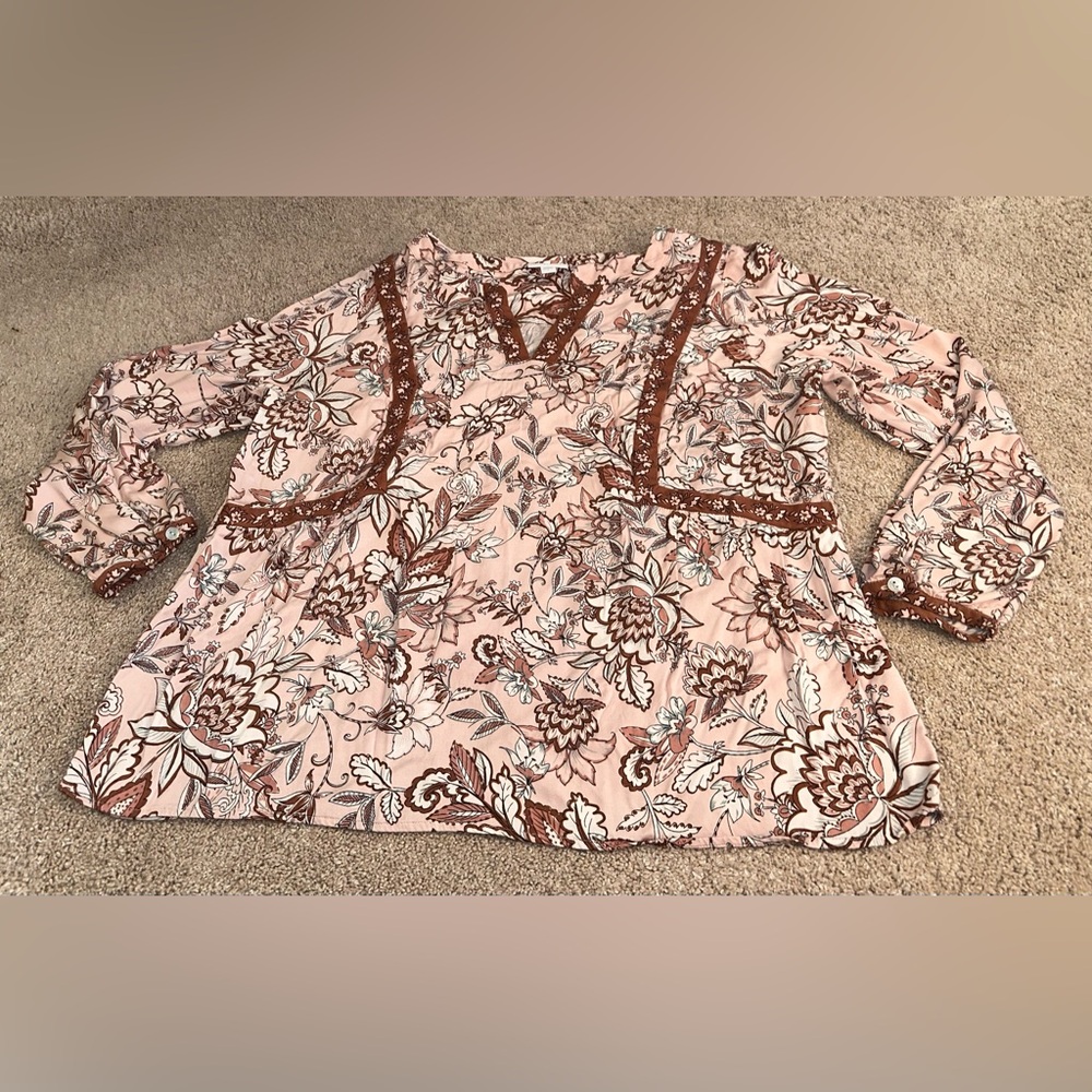 J Jill Floral Long Sleeve V Neck Bohemian Peasant Blouse Size L